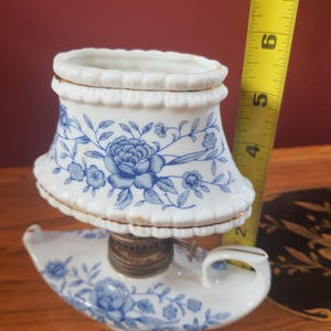 Vintage Miniature Oil Lamp, Finger Loop Kerosene Lamp, Porcelain Blue & White  5.75" x 5.25" Brass Burner