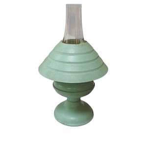 Green tin oil lamp with clear glass chimney and and green tin shade by P& A MFG Co Acorn Burner 7.5&quot; x 4.5&quot;