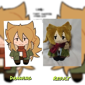 May include: A comparison of a cartoon drawing and a plush toy of a character with brown hair, wearing a green jacket, brown pants, and a red scarf. The drawing is labeled "Drawing" and the plush toy is labeled "Result".