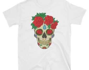 Halloween Sugar Skull Roses Dia de Muertos Short-Sleeve Unisex T-Shirt