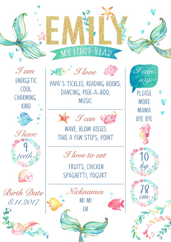 Mermaid Birthday Poster First Birthday Board Sign Milestone Banner
