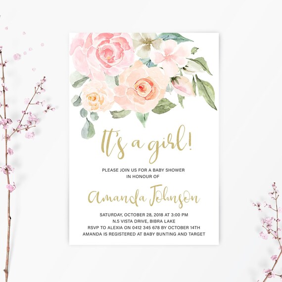Baby Shower Invitation It S A Girl Invitation Floral Etsy