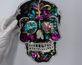 Skull Patch Silver Sequined And felt Skull and Bones Patches with Iron on Backing.
