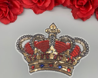 Large Sequin Crown Iron On Patch Decoration Motif Badge Bright Silver Gold P483