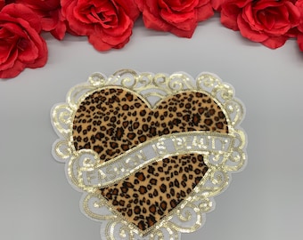 Silver Crystal Rhinestone Fuzzy Leopard Print Heart Patch Iron On Applique 2.5/"