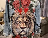 Reworked Distressed Lion and Flowers Patched Denim Jacket, Sz Medium Custom By Reanna