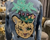 Reworked Custom Distressed Sequin Leopard Patched Denim Jacket, Embellished Rhinestone Flower Patched Jean Jacket, Custom By Reanna Sz XL