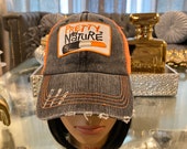Safety Orange Distressed Vintage Mesh Trucker Hat Custom Pretty Girl By Nature Patched Hat