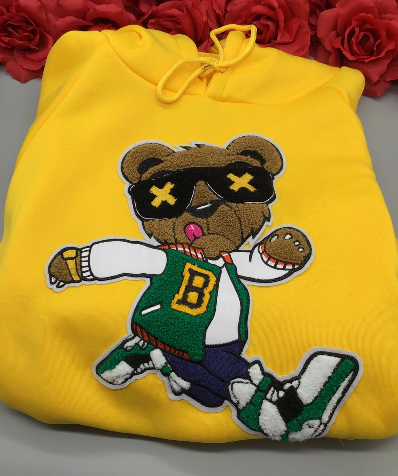Reworked Hoodie Chenille Bear Patched Hoodie Sweatshirt Mustard Color Hoodie Oversized Hoodie Custom By Reanna Sz Large Women\u2019s