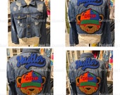 Reworked Custom Distressed Cropped Hustler Drip Bear Jacket, Custom By Reanna Sz Large
