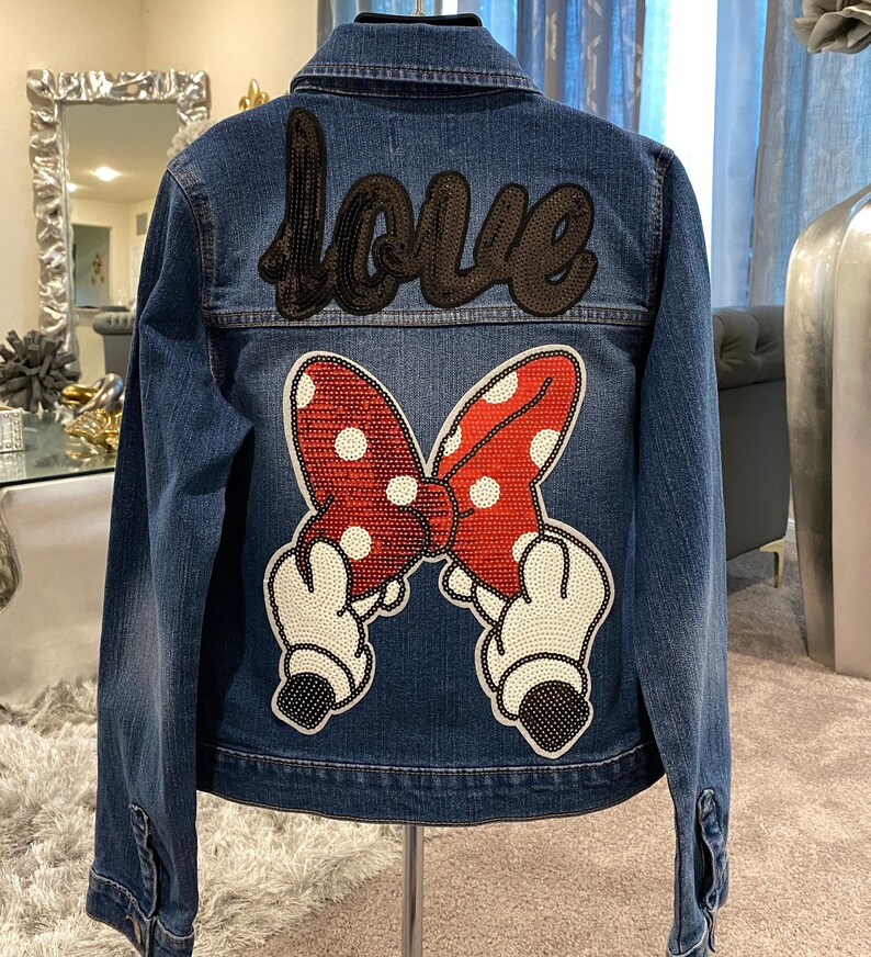 Custom Denim Jacket for Girls Reworked Red Sequin Bow Patched Jean Jacket Love Patched Jacket Custom By Reanna Size 14