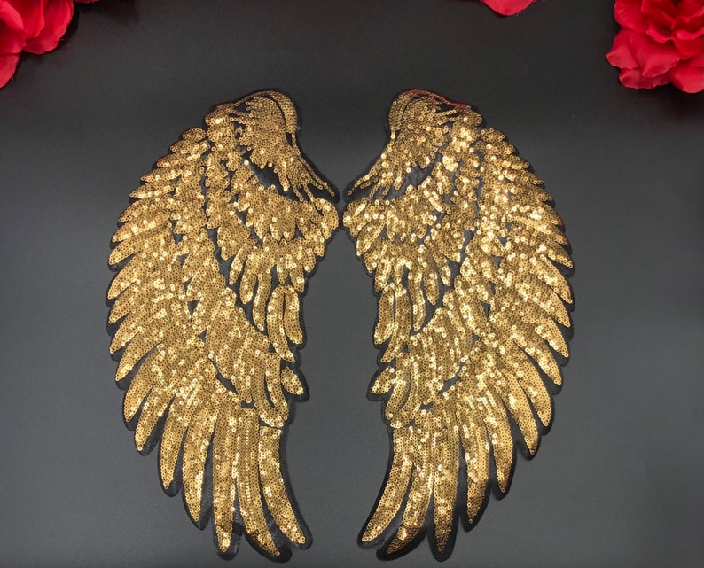 2pc Pair of 14.5\u201d Gold Sequin Angel Wings Gold Wings Patch Embroidered Patch DIY Appliqu\u00e9 Backpack Jacket Iron on Patch