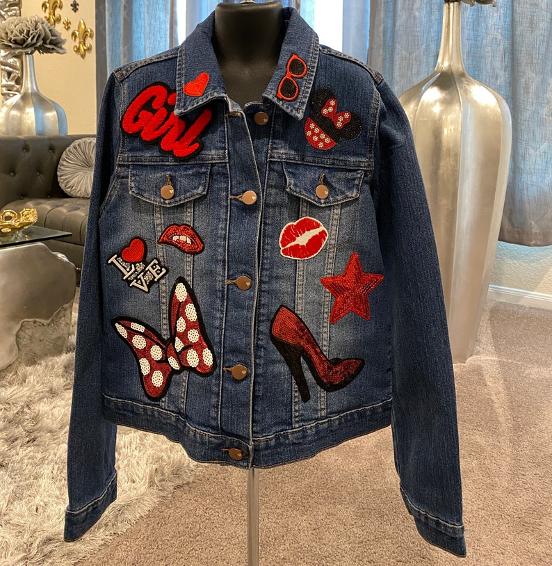 Custom Denim Jacket for Girls Reworked Red Sequin Bow Patched Jean Jacket Love Patched Jacket Custom By Reanna Size 14