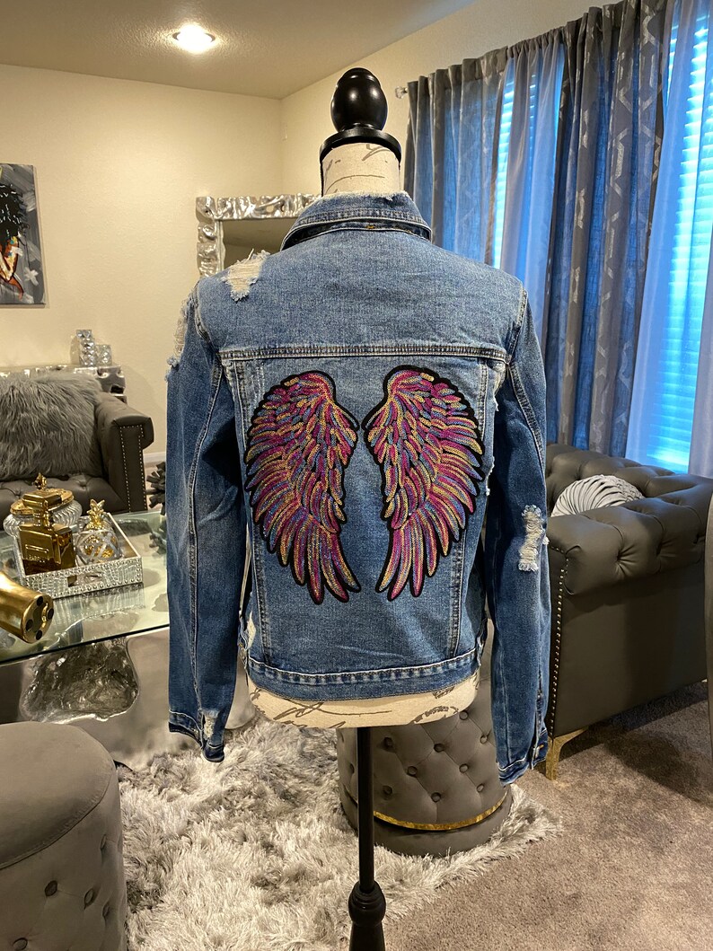 Colorful Sequin Angel Wings Patched Denim Jacket Custom Jacket Custom By Reanna Sz Large Reworked Distressed Denim Jacket With Wings