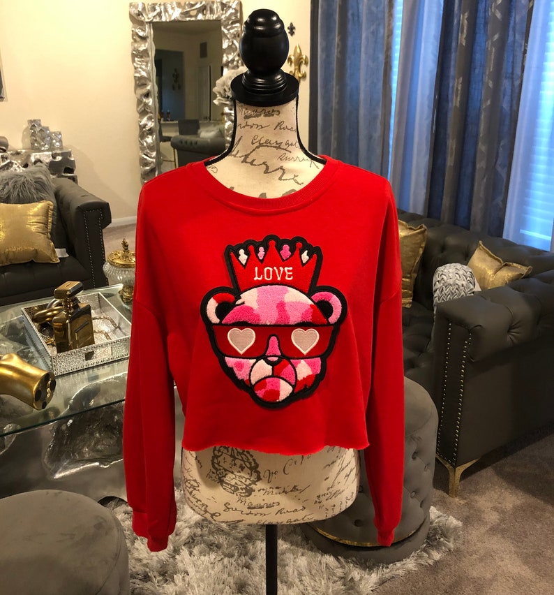 Lightweight Cropped Sweatshirt Custom By Reanna Sz Large Reworked Custom Red Chenille Bear Cropped Sweatshirt Chenille Love Bear Patched