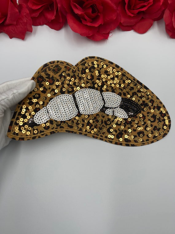 Sequin Cheetah Lips Patch Embroidered Appliqu\u00e9 Sew On Patch DIY 9\u201d Large Colorful Reversible Sequin Leopard Print Lips Patch