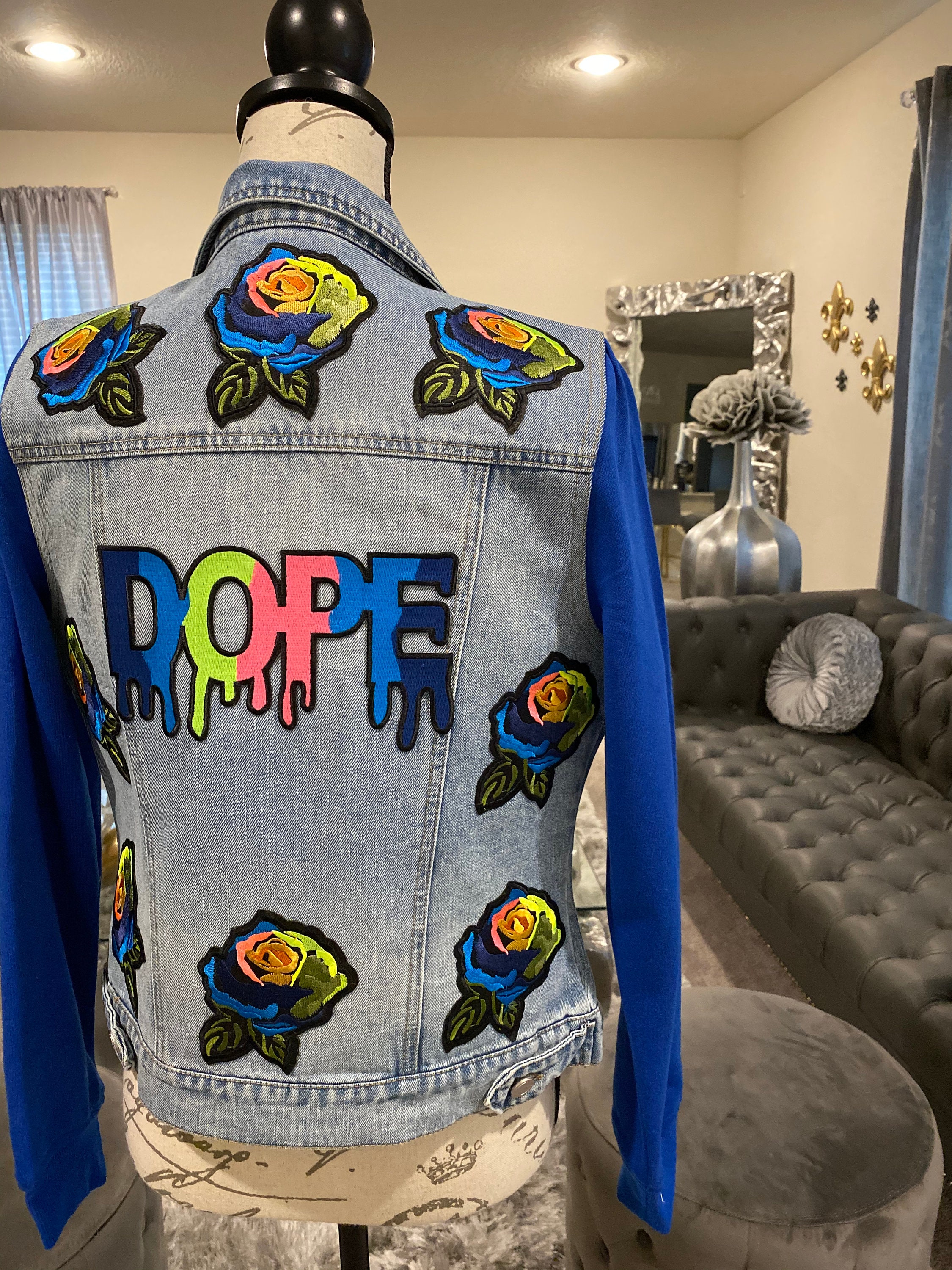 Reworked Custom DOPE Jacket Colorful Dripping DOPE Patch Denim | Etsy