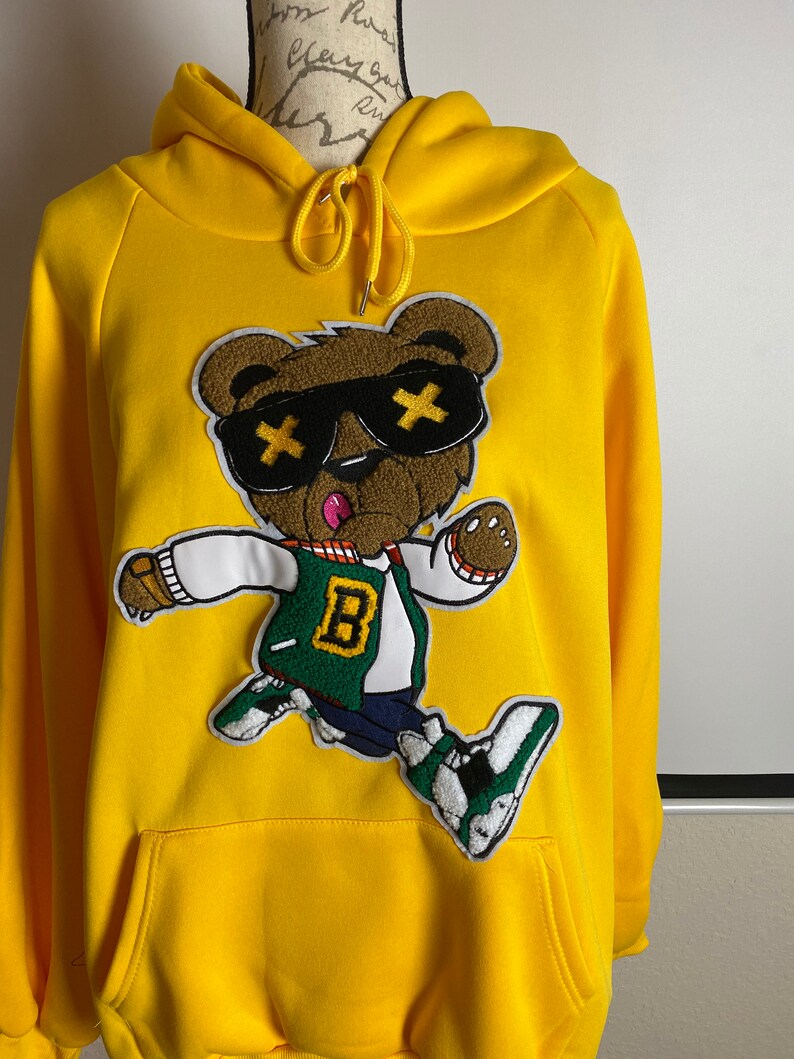 Reworked Hoodie Chenille Bear Patched Hoodie Sweatshirt Mustard Color Hoodie Oversized Hoodie Custom By Reanna Sz Large Women\u2019s