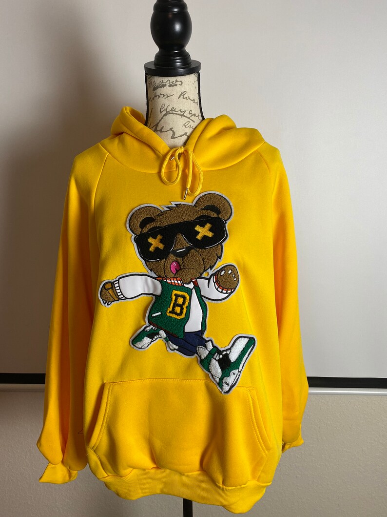 Reworked Hoodie Chenille Bear Patched Hoodie Sweatshirt Mustard Color Hoodie Oversized Hoodie Custom By Reanna Sz Large Women\u2019s