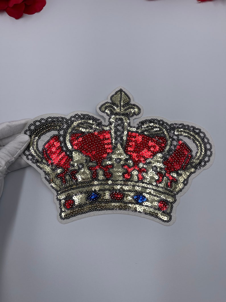 11 Large Sequin Royal Queen Crown Patch Fleur de Lis Iron on Patch DIY Red Gold Red Crown Patch