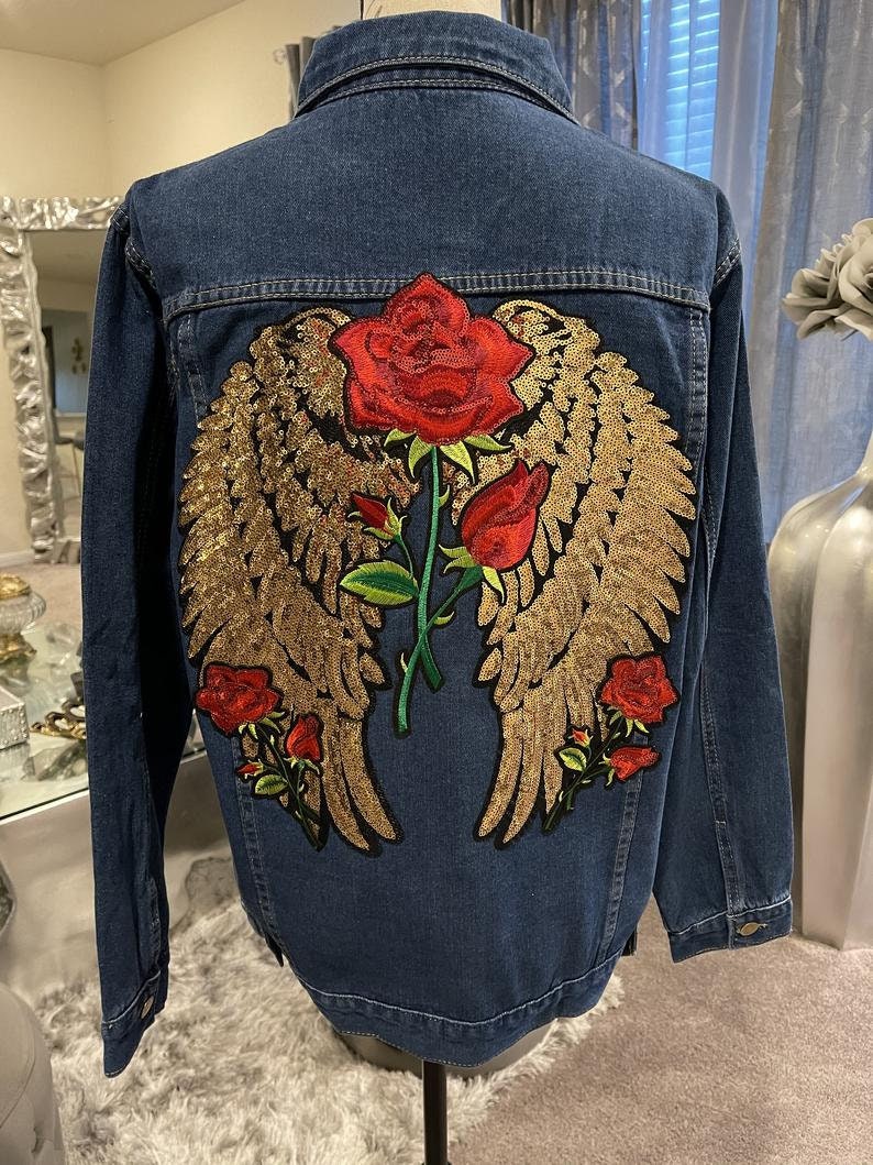 2pc Pair of 14.5\u201d Gold Sequin Angel Wings Gold Wings Patch Embroidered Patch DIY Appliqu\u00e9 Backpack Jacket Iron on Patch