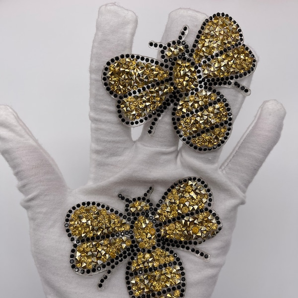 2-Piece Patch Set, Bee Patch, 3” Gold Iron on Mesh Rhinestone Patch