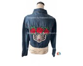 Reworked Custom Distressed Tiger Patched Denim Jacket, Rose Patched Jean Jacket, Custom By Reanna Sz Large