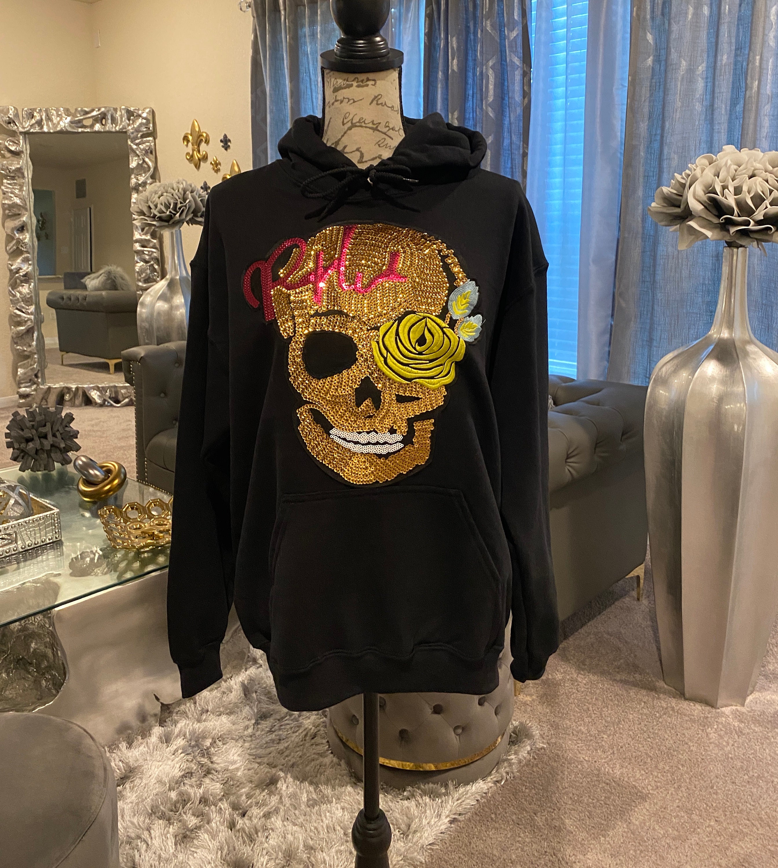 Reworked Gold Sequin Skull Patched Hoodie Sweatshirt Black | Etsy