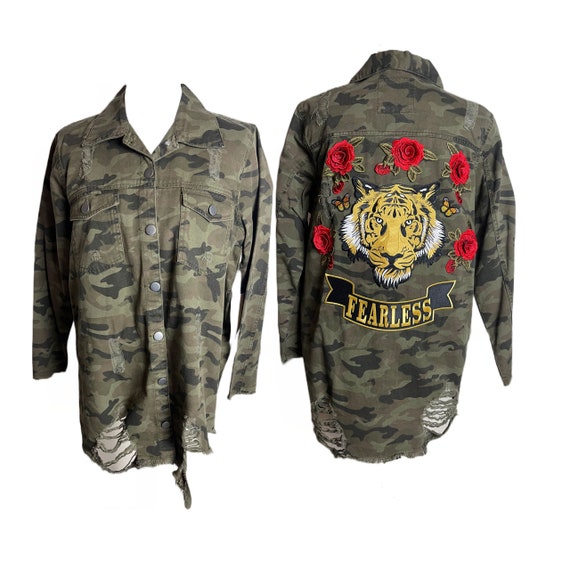 Customized Camouflage Shirt with Tiger and Flowers, Size Large