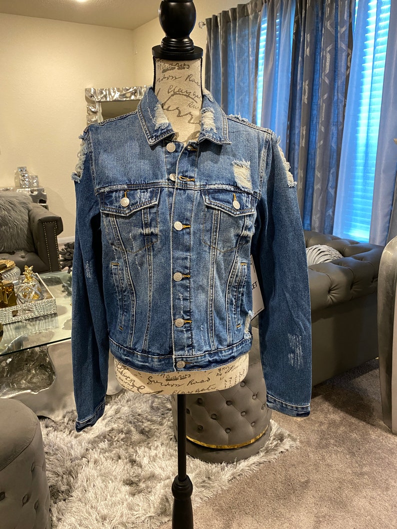 Colorful Sequin Angel Wings Patched Denim Jacket Custom Jacket Custom By Reanna Sz Large Reworked Distressed Denim Jacket With Wings