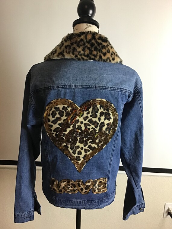 Reworked Custom Sequin Leopard Print Heart Patched Denim - Etsy