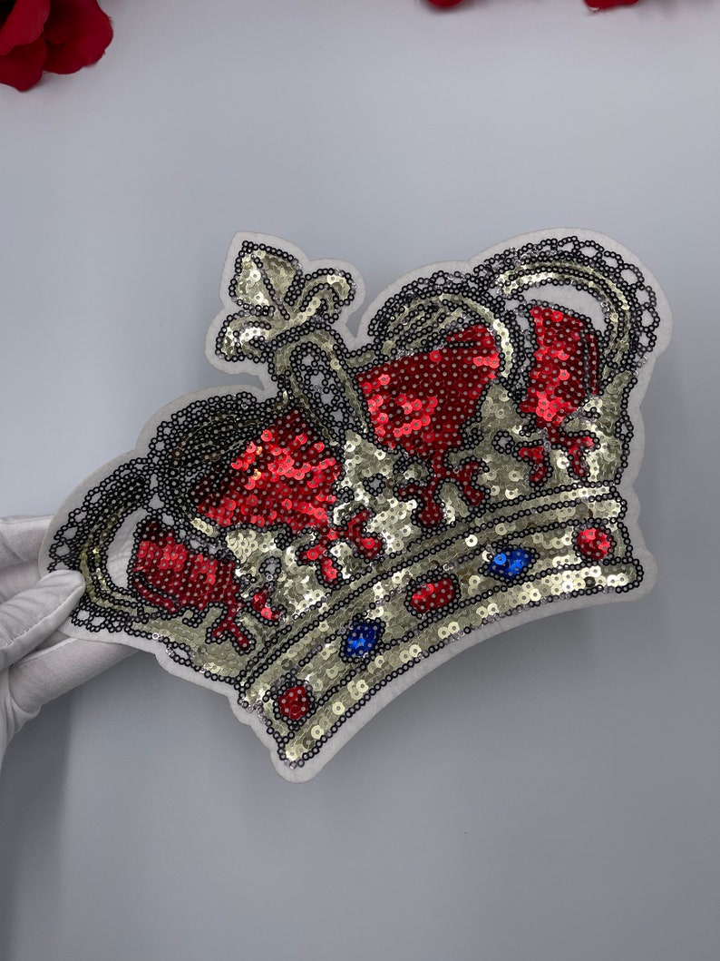 11 Large Sequin Royal Queen Crown Patch Fleur de Lis Iron on Patch DIY Red Gold Red Crown Patch