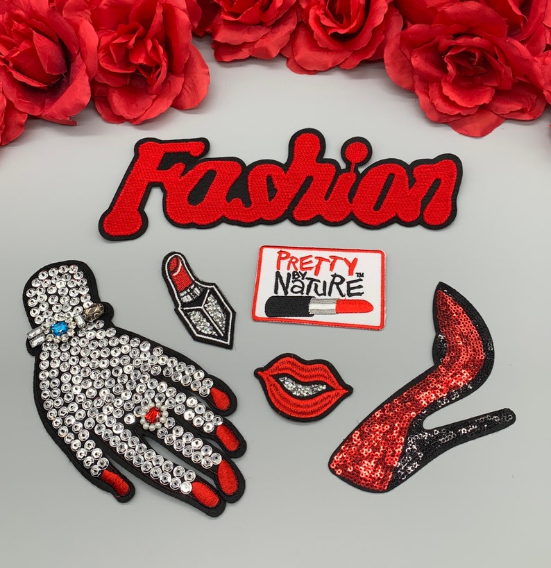 2pc//set Pretty By Nature Lipstick Embroidered Fashion Iron on Patch DIY Shirt