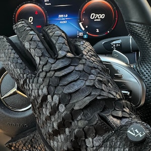 Puede incluir: Un guante de conducir de cuero negro con un patrón de piel de serpiente. El guante está en un volante de coche con una pantalla digital que muestra 2051,0 millas y 0700 rpm.