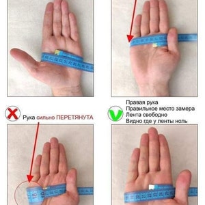 Op de afbeelding: Diagram met de juiste en onjuiste manieren om een hand te meten voor een ring. De juiste manier toont een hand met een meetlint om de basis van de vinger gewikkeld, waarbij het lint los zit en het nulpunt zichtbaar is. De onjuiste manieren tonen het lint te strak of om het verkeerde deel van de hand gewikkeld.