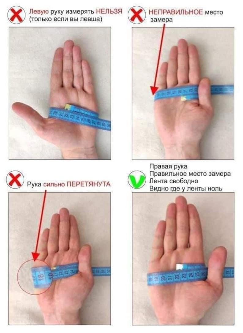 Op de afbeelding: Diagram met de juiste en onjuiste manieren om een hand te meten voor een ring. De juiste manier toont een hand met een meetlint om de basis van de vinger gewikkeld, waarbij het lint los zit en het nulpunt zichtbaar is. De onjuiste manieren tonen het lint te strak of om het verkeerde deel van de hand gewikkeld.