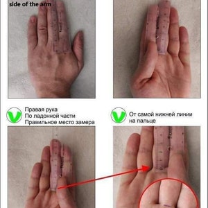 Op de afbeelding: Diagram dat de juiste en onjuiste manier laat zien om een vinger voor een ring te meten. De juiste manier is om de vinger aan de palmzijde van de hand te meten, aan de basis van de vinger. De onjuiste manier is om de vinger aan de bovenkant van de hand te meten.