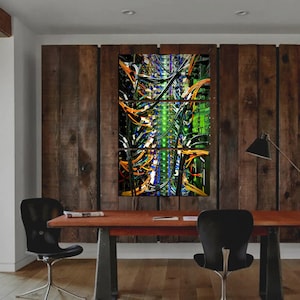 May include: A multi-panel wall art piece featuring a close-up of a server rack with colourful cables and wires. The server rack is set against a rustic wooden background.