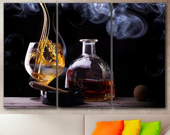 Lienzo de impresión de whisky Arte escocés Decoración borbónica Decoración de pared de whisky Póster de whisky Bebida fuerte Regalo de bar Copa de whisky Arte de oficina de cigarros