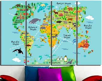 Large canvas set World map animals Kids map art Nursery world map Baby room map World map art Map on canvas World map décor World map canvas