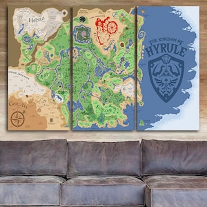 Carte de la légende de Zelda Impression sur toile Décoration murale Breath of the Wild Décoration de salle de jeux Royaume d'Hyrule Cadeau pour amateur de gibier Prêt à accrocher