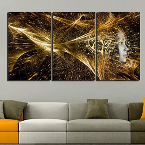 May include: Abstract art print featuring a woman's face with gold and black lines and swirls. The print is divided into three panels.