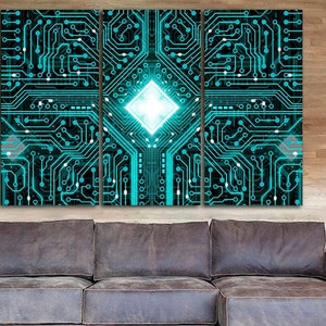 May include: A three-panel wall art print featuring a stylized circuit board design with glowing turquoise lines on a black background.