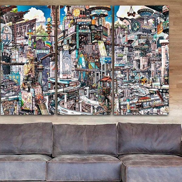 Future city wall art Sci-fi print Multicolored painting Illustration décor Cityscape artwork Fantasy gift Steampunk city Office home gift
