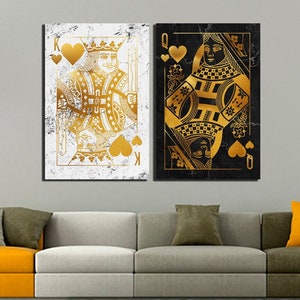 Personalization card King queen wall art Playing card canvas Straight flush Full house poker Gift lovers Couples gift set Ace black yellow