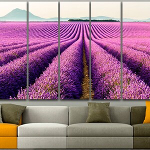 May include: A multi-panel canvas print featuring a field of purple lavender flowers in rows, with a distant mountain range in the background.