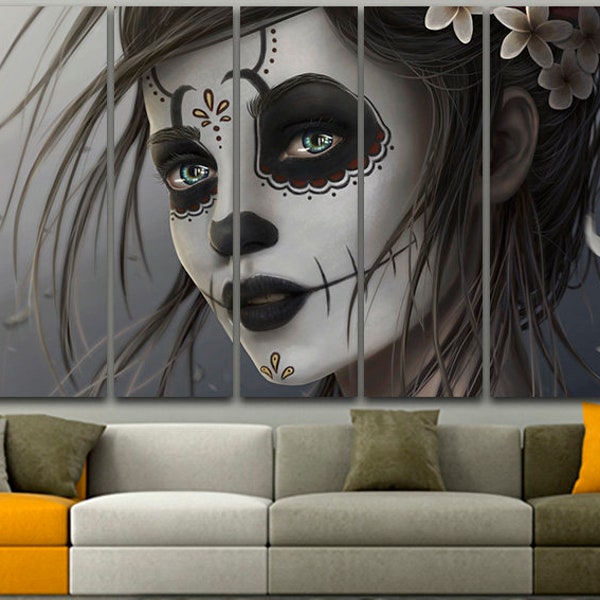 Skull canvas Sugar skull Woman decor Skull girl art Fashion print Tattoo skull art Colorful prints Girl wall art Day of dead Woman portrait