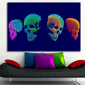 Lienzo de calavera colorido Listo para colgar Arte de calavera de azúcar Día de los muertos Impresión mexicana Regalo de abstracción Obra de arte gótica Decoración de impresiones de esqueleto