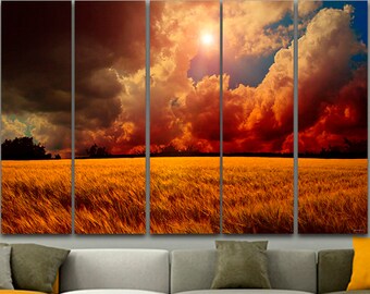 Field canvas Golden wheat Nature wall decor Multi panel hanging Waves grain Autumn canvas art Landscape print Farm poster Large artwork gift