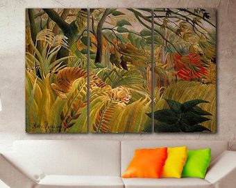 Tiger in Tropical Storm by Henri Rousseau Print on canvas Surprised artwork Reproduction painting Jungle wall art Nature deco Landscape gift